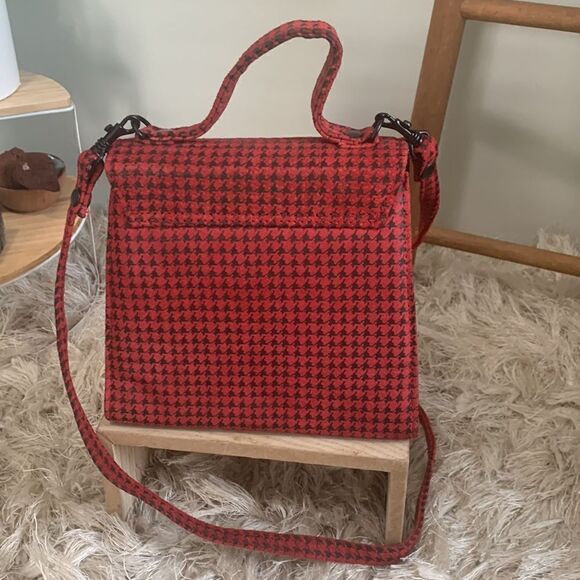 Vintage 80’s Chia Red/Black Leather Houndstooth Crossbody Mini Bag Made In Korea - Picture 5 of 17